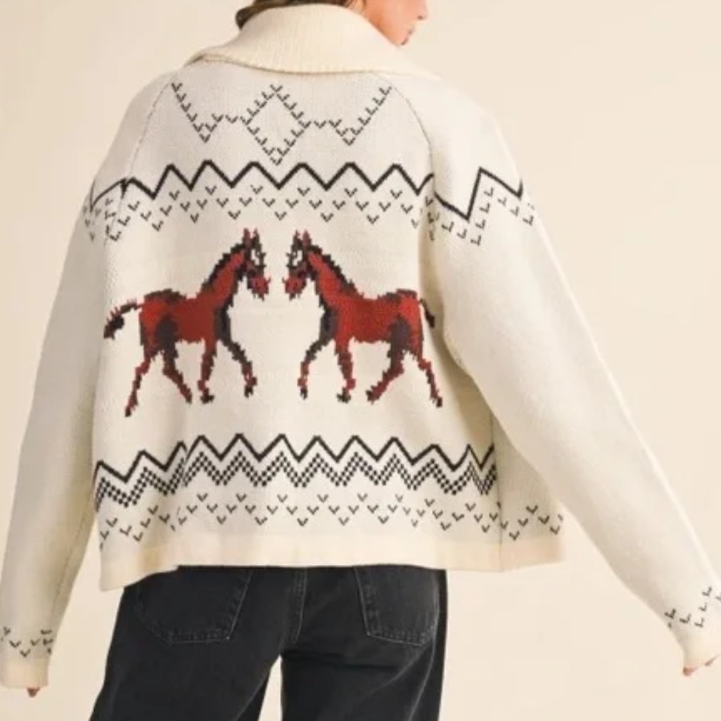 Cream Horse Motif Knit Sweater